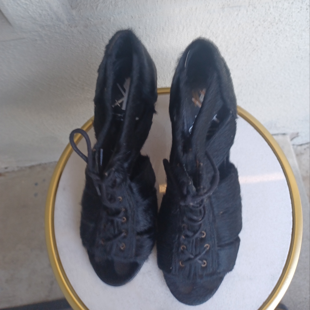 Opening Ceremony Black Fur Lace Up Toe Out Heels 39